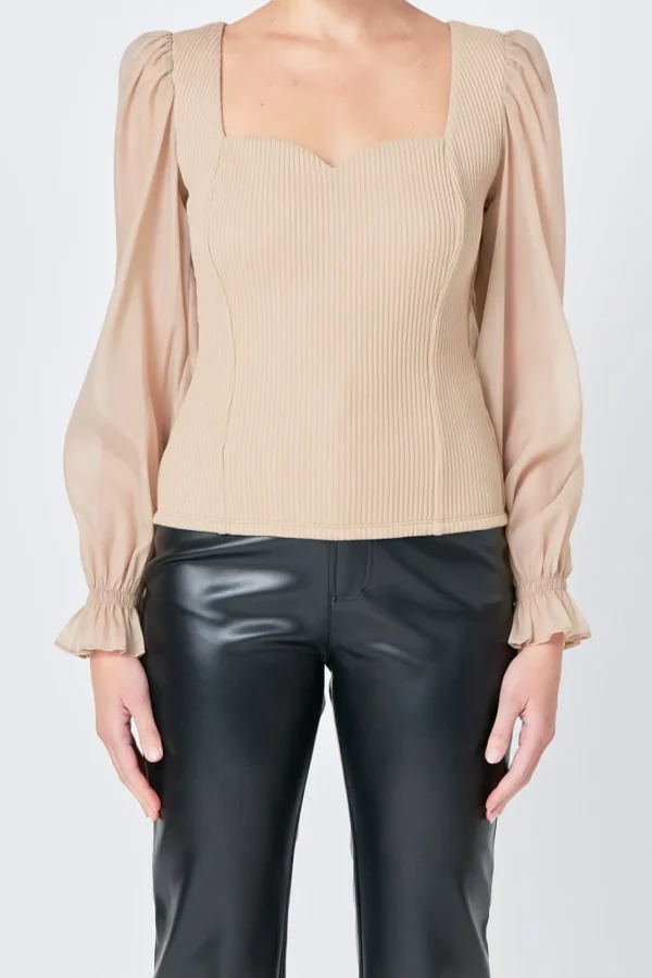ENDLESS ROSE Tops*- Organza Sleeve Knit Top