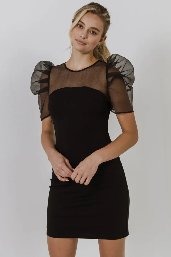 ENDLESS ROSE Tops*- Organza with Knit Mini Dress BLACK