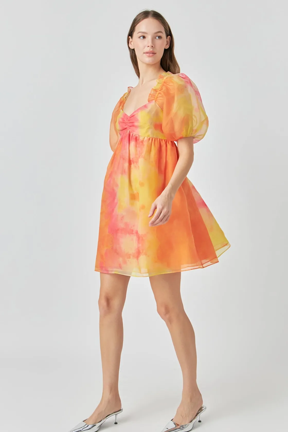 endless_rose__organze_tie_1.webp ENDLESS ROSE Puff Sleeve | Tops*- Organze Tie-dye Babydoll Dress ORANGEMULTI