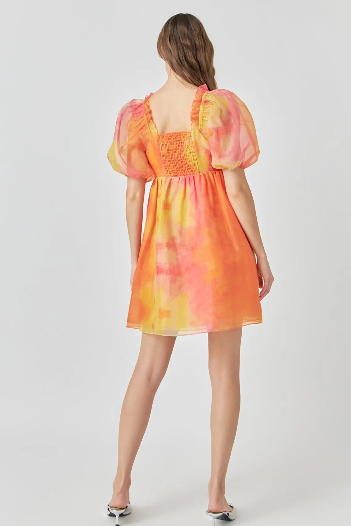 endless_rose__organze_tie_2.webp ENDLESS ROSE Puff Sleeve | Tops*- Organze Tie-dye Babydoll Dress ORANGEMULTI