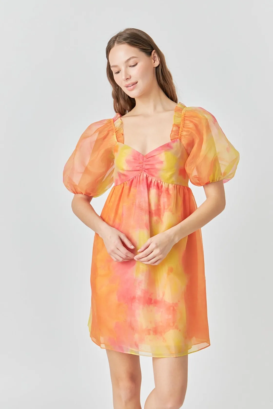 endless_rose__organze_tie_3.webp ENDLESS ROSE Puff Sleeve | Tops*- Organze Tie-dye Babydoll Dress ORANGEMULTI