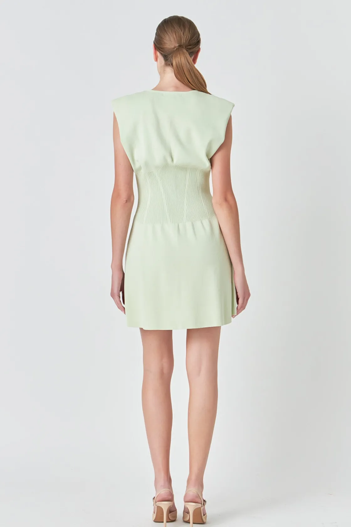 endless_rose__padded_shou_2.webp ENDLESS ROSE Sweaters & Knits | Tops*- Padded Shoulder Corset Detail Knit Mini Dress SAGE