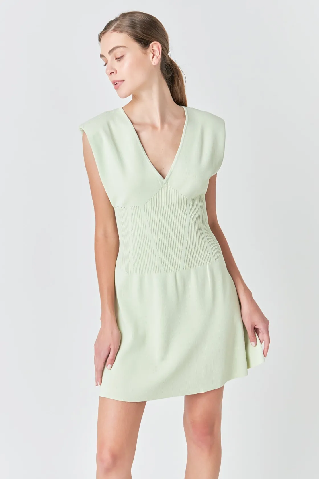 endless_rose__padded_shou_3.webp ENDLESS ROSE Sweaters & Knits | Tops*- Padded Shoulder Corset Detail Knit Mini Dress SAGE