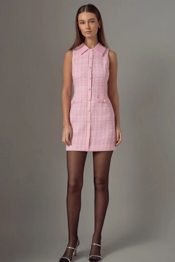 ENDLESS ROSE Tweed Dresses | Tops*- Paige Tweed Collared Mini Dress PINK