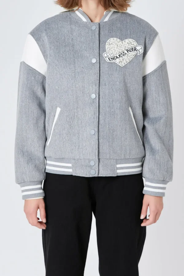 ENDLESS ROSE Jackets & Coats | Tops*- Patch Detail Bomber Jacket HEATHERGREY