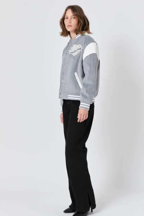 ENDLESS ROSE Jackets & Coats | Tops*- Patch Detail Bomber Jacket HEATHERGREY