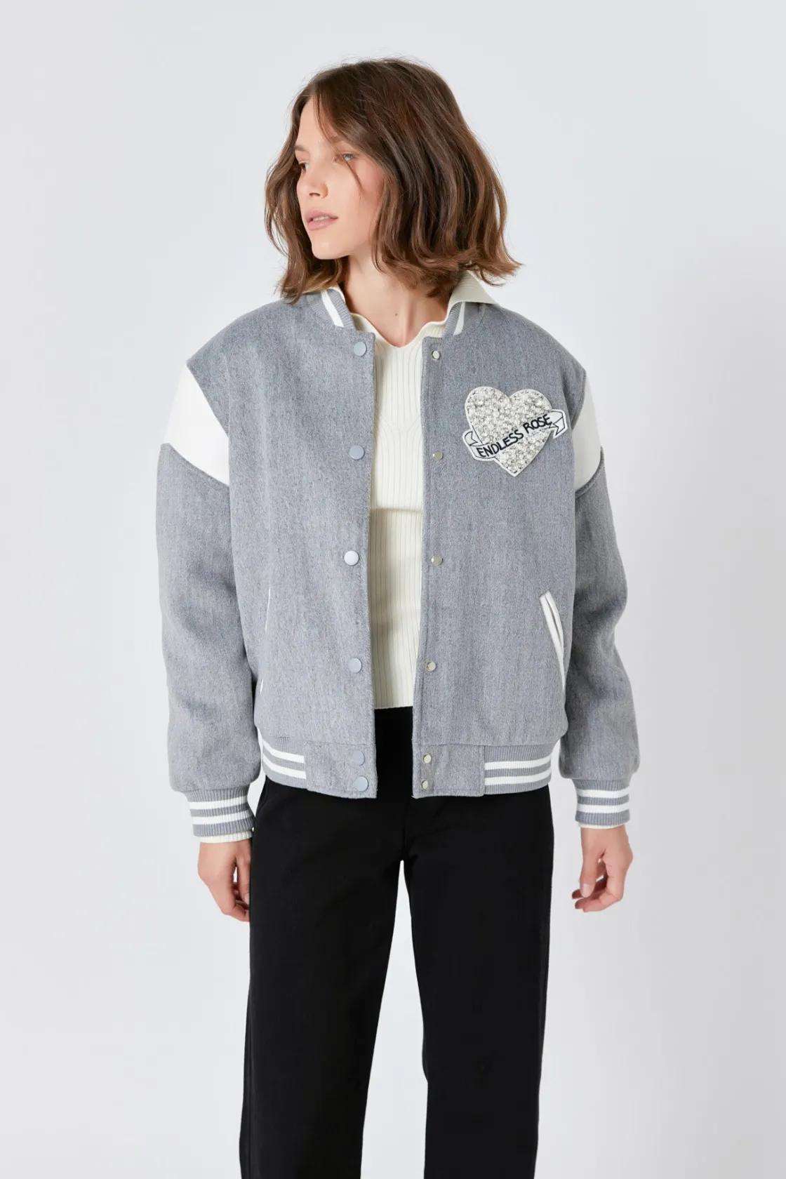 endless_rose__patch_detai_3.webp ENDLESS ROSE Jackets & Coats | Tops*- Patch Detail Bomber Jacket HEATHERGREY