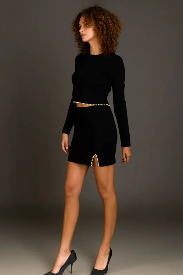 ENDLESS ROSE Matching Sets | Skirts*- Pearl Accented Cutout Mini Skirt BLACK