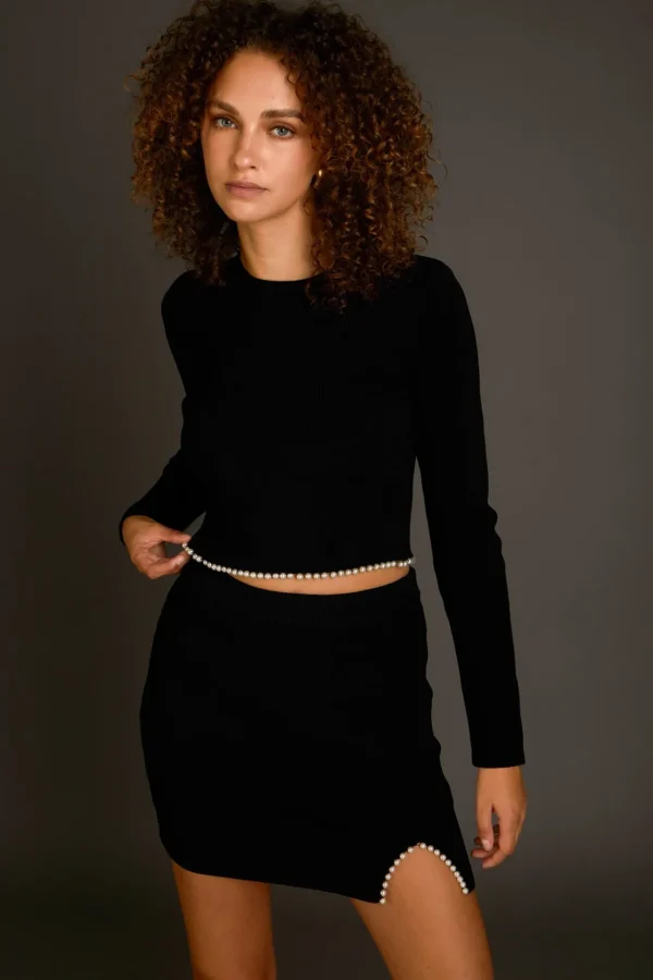 ENDLESS ROSE Matching Sets | Skirts*- Pearl Accented Cutout Mini Skirt BLACK