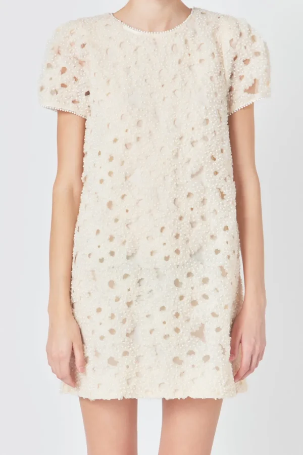 ENDLESS ROSE Puff Sleeve | Tops*- Pearl and Tulle Textured Mini Dress CHAMPAGNE