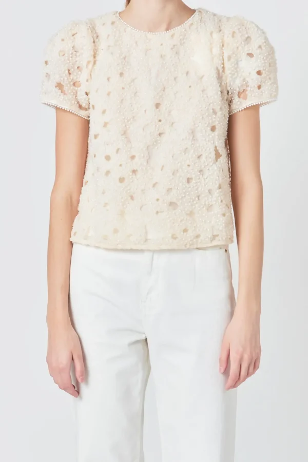 ENDLESS ROSE Tops*- Pearl and Tulle Textured Top CHAMPAGNE
