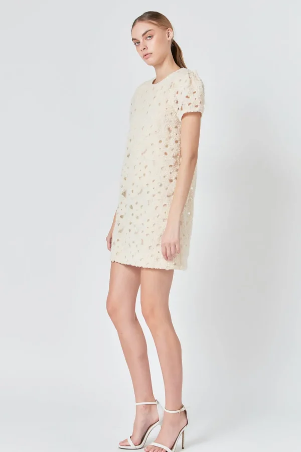 ENDLESS ROSE Puff Sleeve | Tops*- Pearl and Tulle Textured Mini Dress CHAMPAGNE