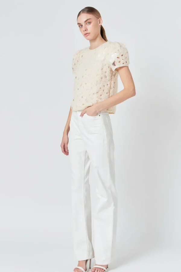 ENDLESS ROSE Tops*- Pearl and Tulle Textured Top CHAMPAGNE