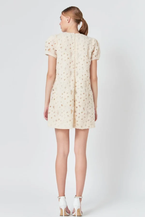 ENDLESS ROSE Puff Sleeve | Tops*- Pearl and Tulle Textured Mini Dress CHAMPAGNE