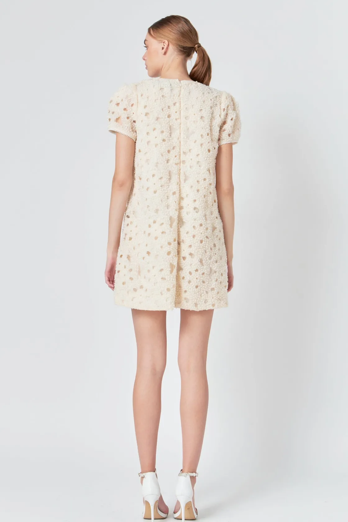 endless_rose__pearl_and_t_2-1.webp ENDLESS ROSE Puff Sleeve | Tops*- Pearl and Tulle Textured Mini Dress CHAMPAGNE