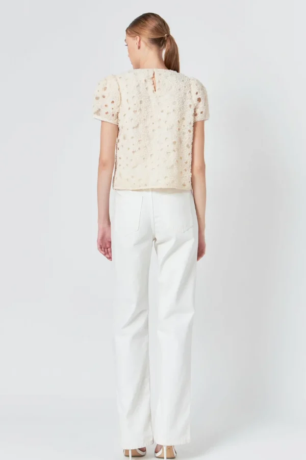 ENDLESS ROSE Tops*- Pearl and Tulle Textured Top CHAMPAGNE