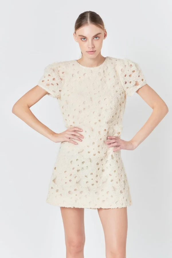 ENDLESS ROSE Puff Sleeve | Tops*- Pearl and Tulle Textured Mini Dress CHAMPAGNE