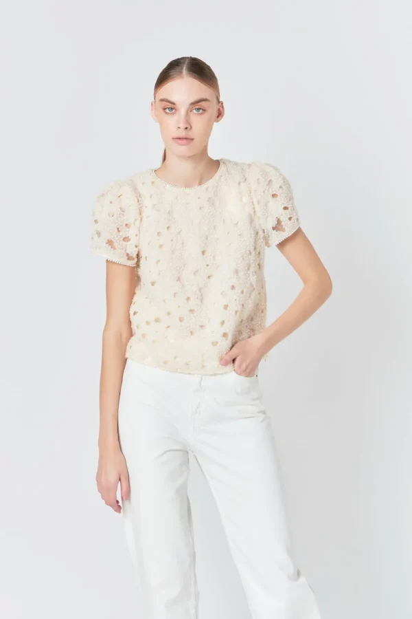 ENDLESS ROSE Tops*- Pearl and Tulle Textured Top CHAMPAGNE