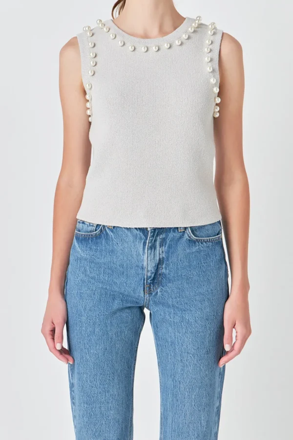 ENDLESS ROSE Tops*- Pearl Detail Knit Tank Top