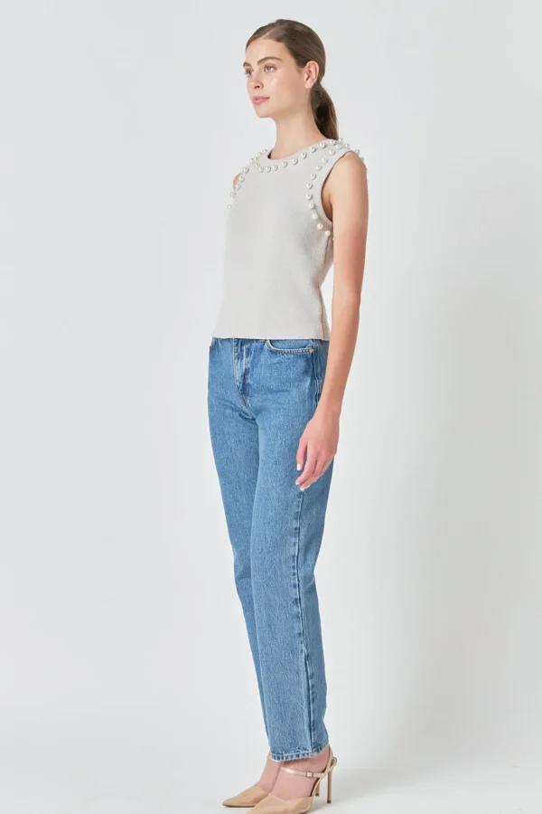 ENDLESS ROSE Tops*- Pearl Detail Knit Tank Top