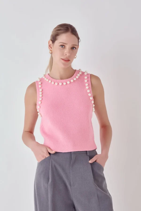 ENDLESS ROSE Tops*- Pearl Detail Knit Tank Top