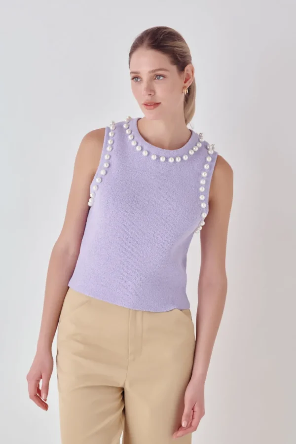 ENDLESS ROSE Tops*- Pearl Detail Knit Tank Top