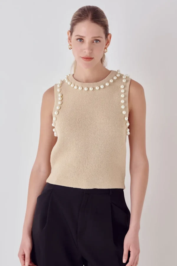 ENDLESS ROSE Tops*- Pearl Detail Knit Tank Top