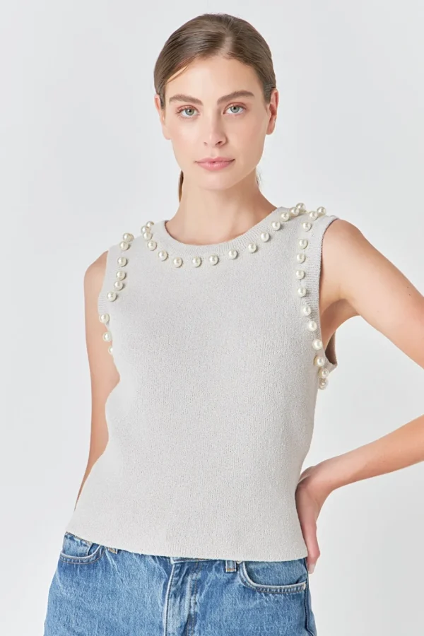 ENDLESS ROSE Tops*- Pearl Detail Knit Tank Top