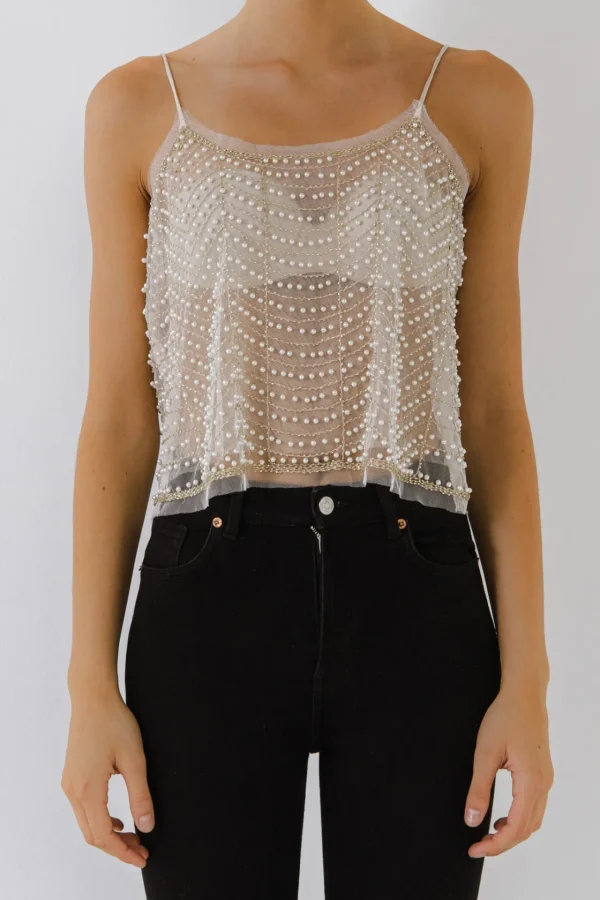 ENDLESS ROSE Tops*- Pearl Embellished Tank Top IVORY