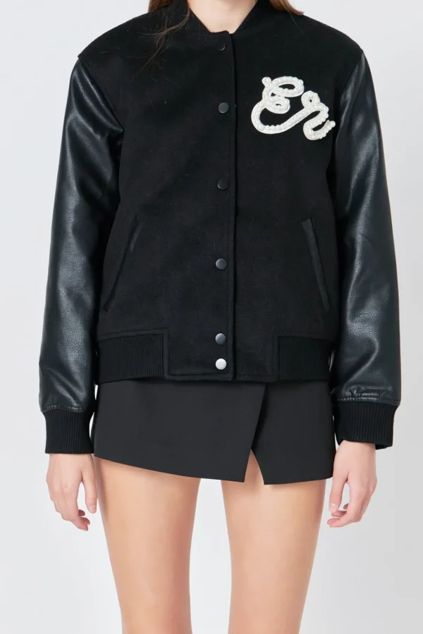 ENDLESS ROSE Jackets & Coats | Tops*- Pearl Trim Bomber Jacket BLACK