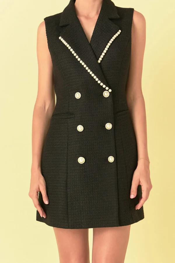 ENDLESS ROSE Tweed Dresses | Tops*- Pearl Trim Sleeveless Dress BLACK