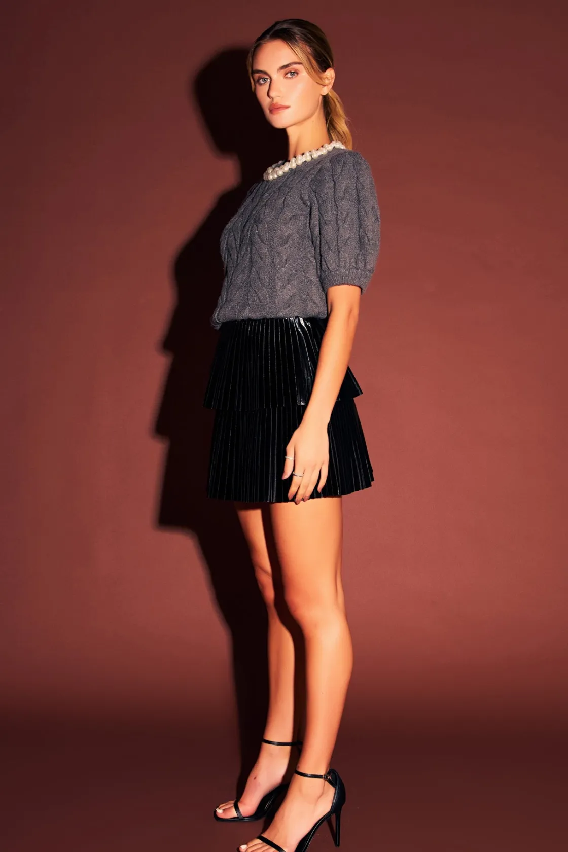 endless_rose__pearl_trim__1-2.webp ENDLESS ROSE Tops*- Pearl Trim Cable Knit Top CHARCOAL
