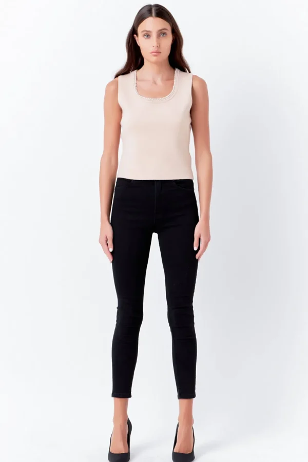 ENDLESS ROSE Tops*- Pearl Trim Knit Tank Top
