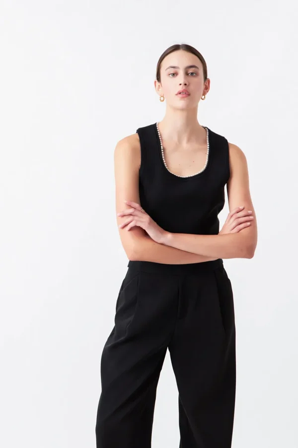 ENDLESS ROSE Tops*- Pearl Trim Knit Tank Top
