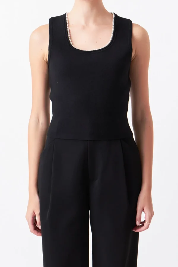 ENDLESS ROSE Tops*- Pearl Trim Knit Tank Top