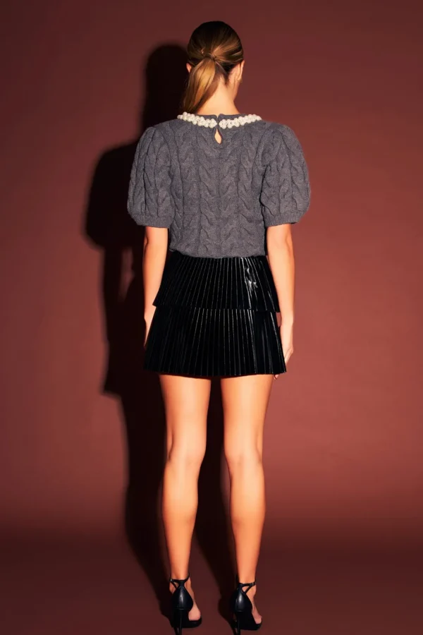 ENDLESS ROSE Tops*- Pearl Trim Cable Knit Top CHARCOAL