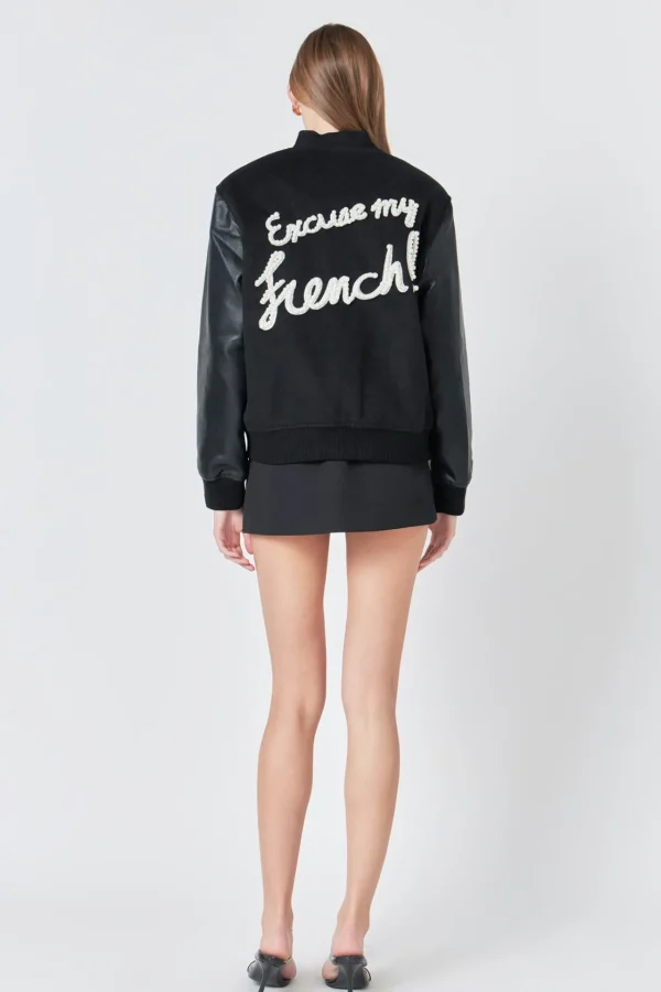 ENDLESS ROSE Jackets & Coats | Tops*- Pearl Trim Bomber Jacket BLACK