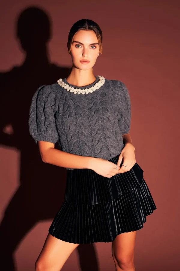 ENDLESS ROSE Tops*- Pearl Trim Cable Knit Top CHARCOAL