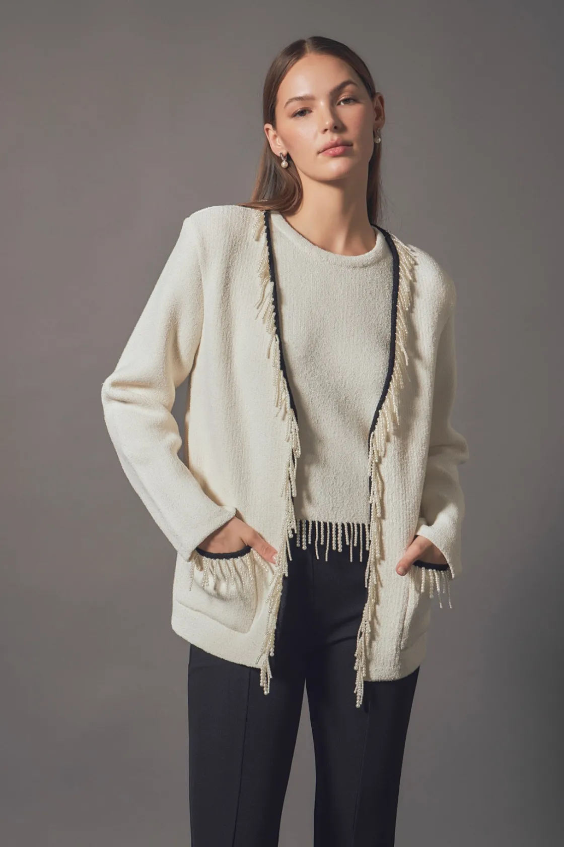 endless_rose__pearl_trim__3-3.webp ENDLESS ROSE Jackets & Coats | Tops*- Pearl Trim Knit Cardigan CREAM