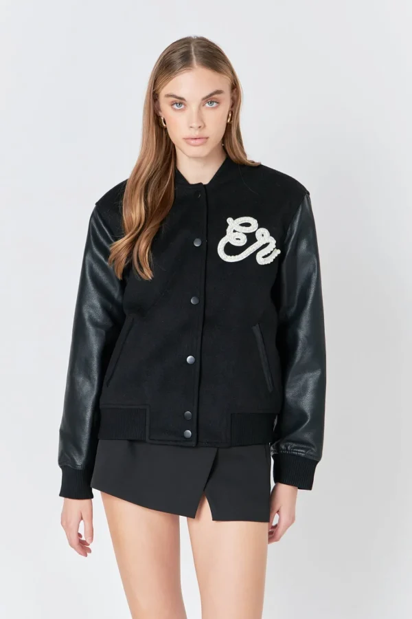 ENDLESS ROSE Jackets & Coats | Tops*- Pearl Trim Bomber Jacket BLACK