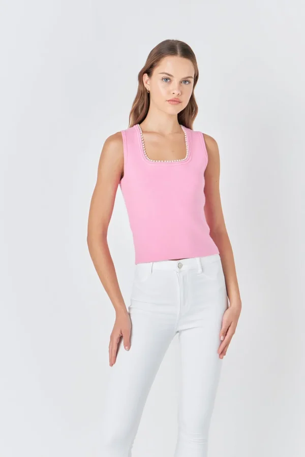 ENDLESS ROSE Tops*- Pearl Trim Knit Tank Top