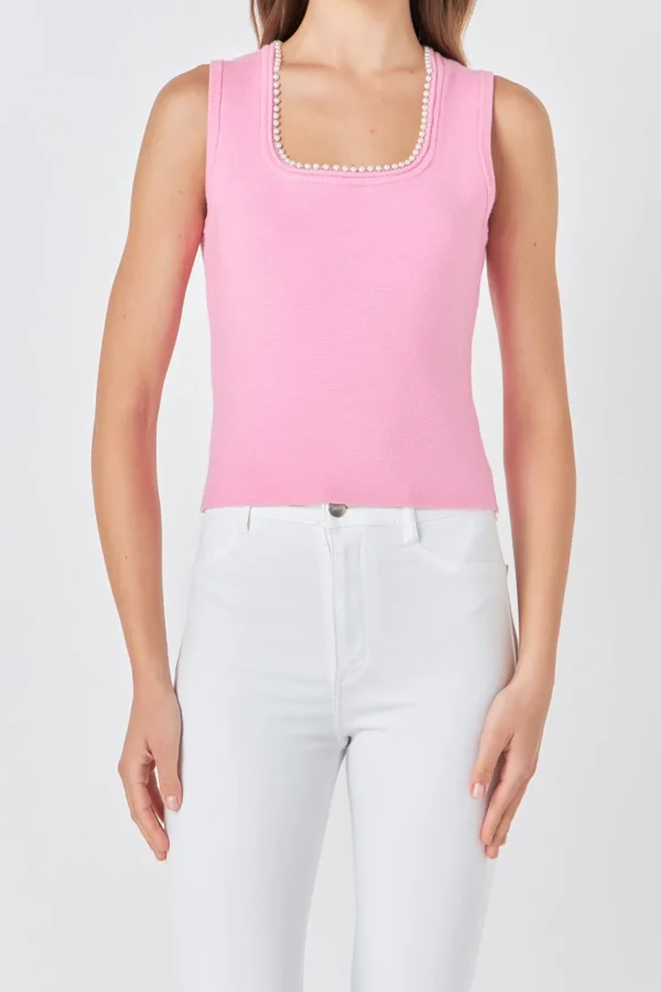 ENDLESS ROSE Tops*- Pearl Trim Knit Tank Top