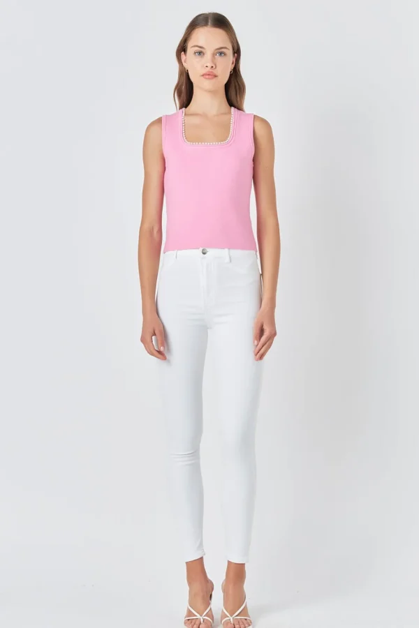ENDLESS ROSE Tops*- Pearl Trim Knit Tank Top