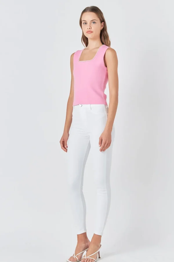 ENDLESS ROSE Tops*- Pearl Trim Knit Tank Top