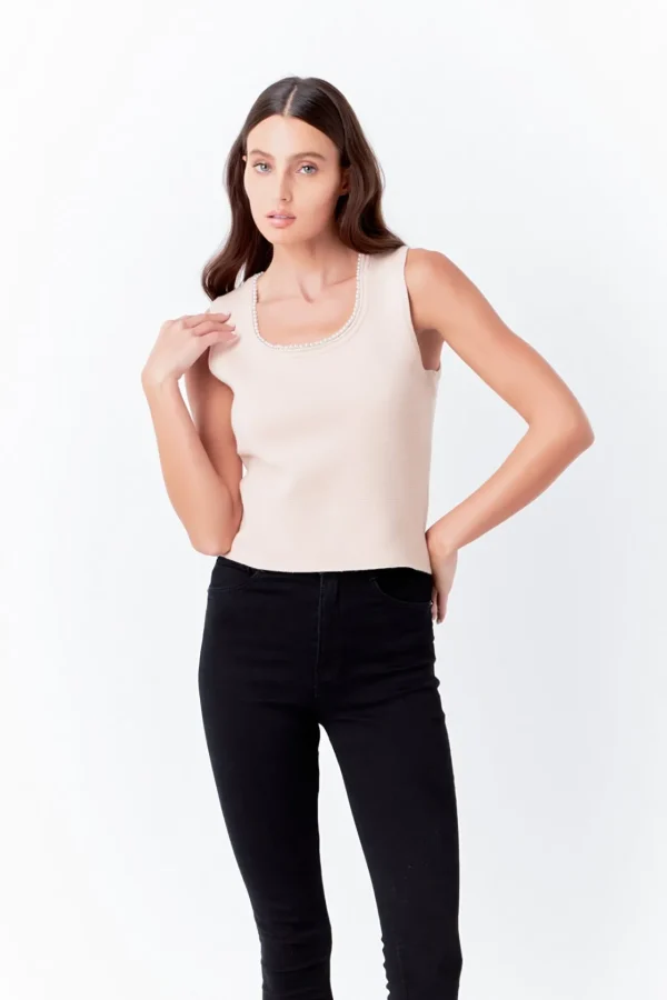 ENDLESS ROSE Tops*- Pearl Trim Knit Tank Top