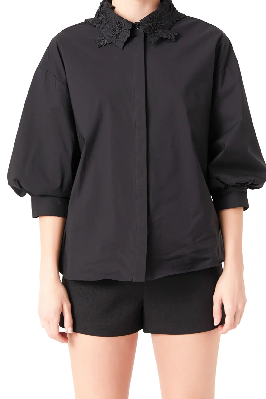endless_rose__peekaboo_la_0.webp ENDLESS ROSE Shirts & Blouses | Tops*- Peekaboo Lace Collared Shirt BLACK