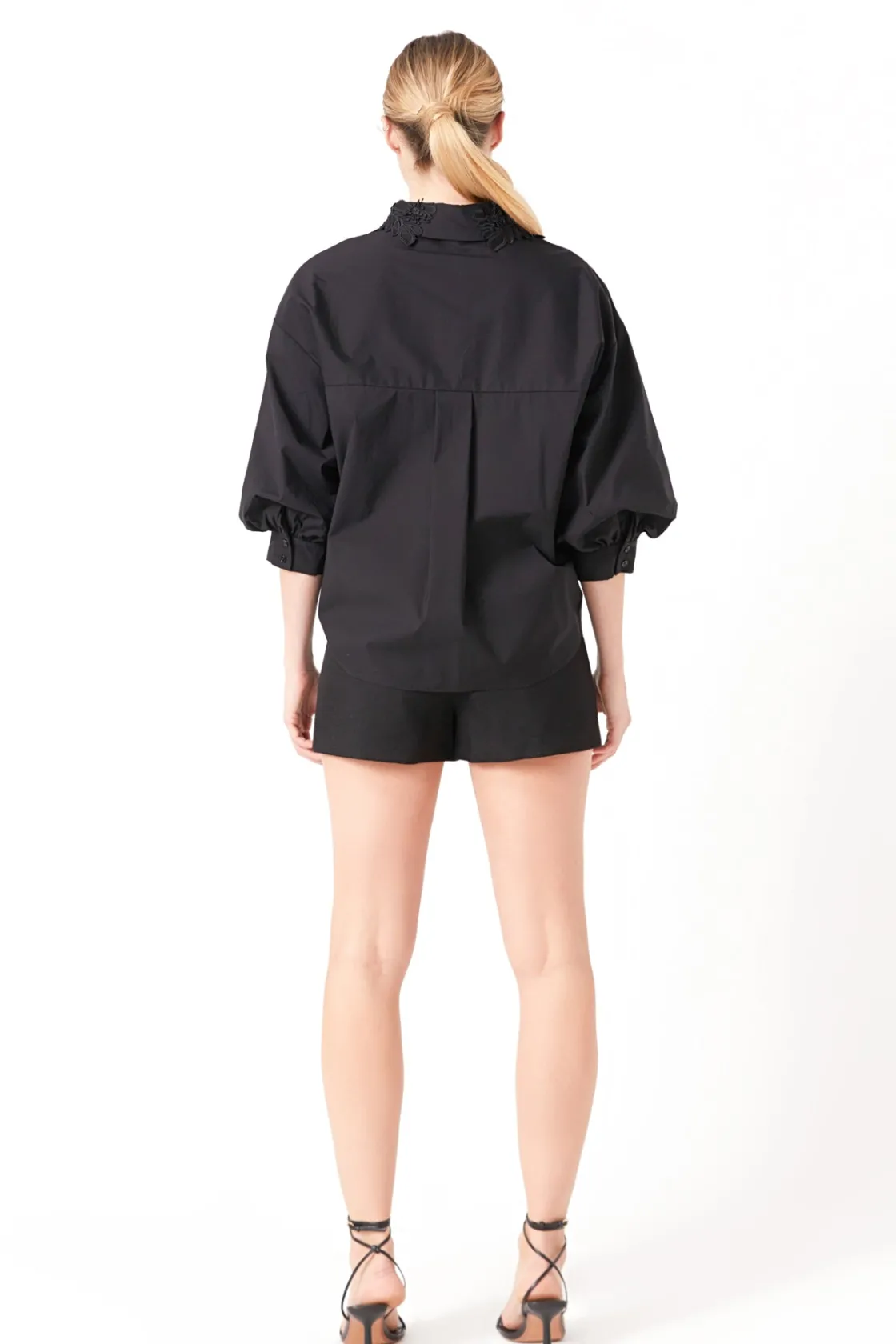 endless_rose__peekaboo_la_2.webp ENDLESS ROSE Shirts & Blouses | Tops*- Peekaboo Lace Collared Shirt BLACK
