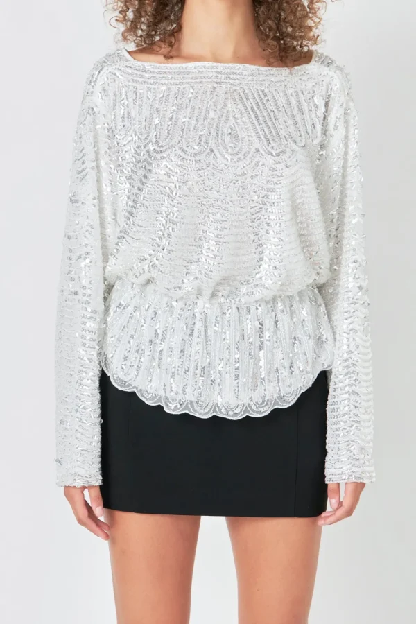 ENDLESS ROSE Tops*- Peplum Sequins Top SILVER