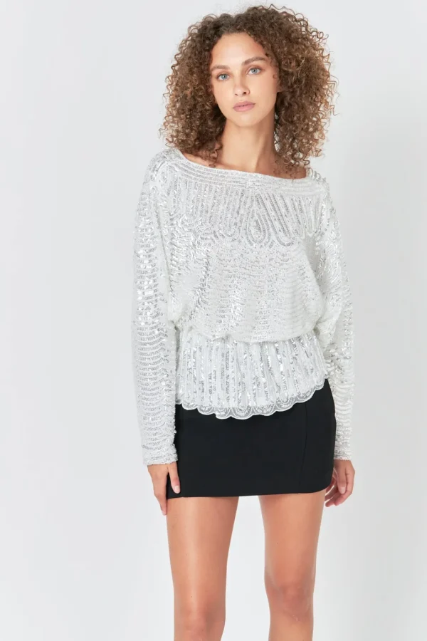 ENDLESS ROSE Tops*- Peplum Sequins Top SILVER
