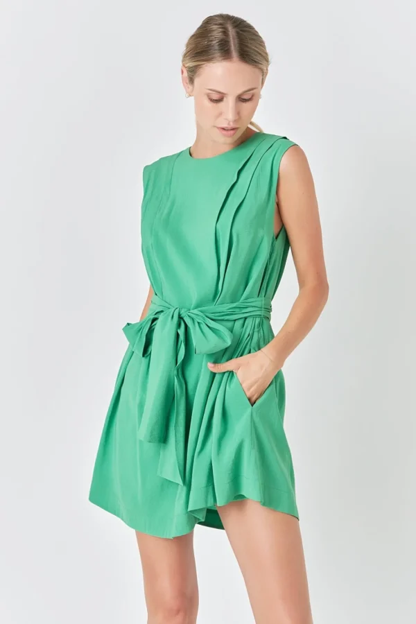 ENDLESS ROSE Tops*- Pintuck Shoulder Belted Mini Dress KELLYGREEN